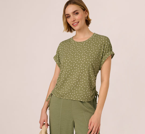 aidan mattox Cap Sleeve Ruched Side Top In Oil Green Scribble Daisy