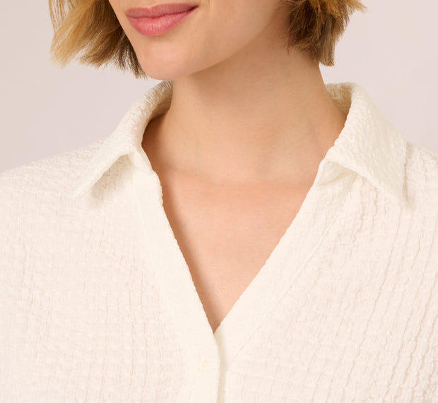 Aidan Mattox Cap Sleeve Semisheer Textured Button Front Top In Ivory