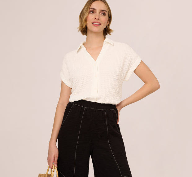 aidan mattox Cap Sleeve Semisheer Textured Button Front Top In Ivory