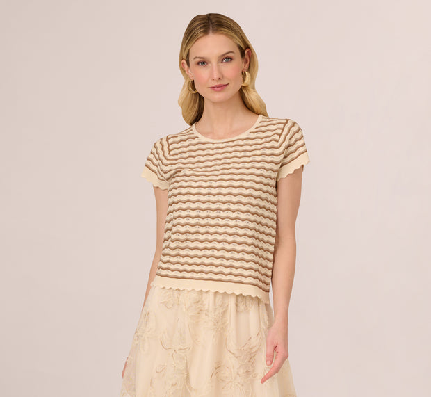 Aidan Mattox Cap Sleeve Wavy Pointelle Knit Top In Neutral Combo