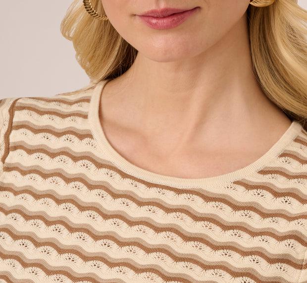 Aidan Mattox Cap Sleeve Wavy Pointelle Knit Top In Neutral Combo