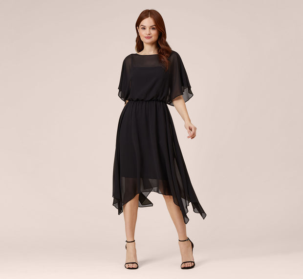 Aidan Mattox Chiffon Blouson Midi Dress With Flutter Sleeves In Black