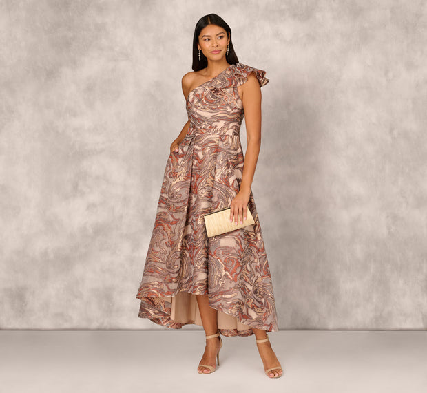 Aidan Mattox Clipped Jacquard High Low Gown With Ruffle One Shoulder Neck In Rust M