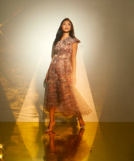 aidan mattox Clipped Jacquard High Low Gown With Ruffle One Shoulder Neck In Rust M