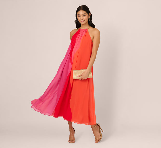 Aidan Mattox Color Block Chiffon Trapeze Dress With Chain Halter Neckline In Red Mu