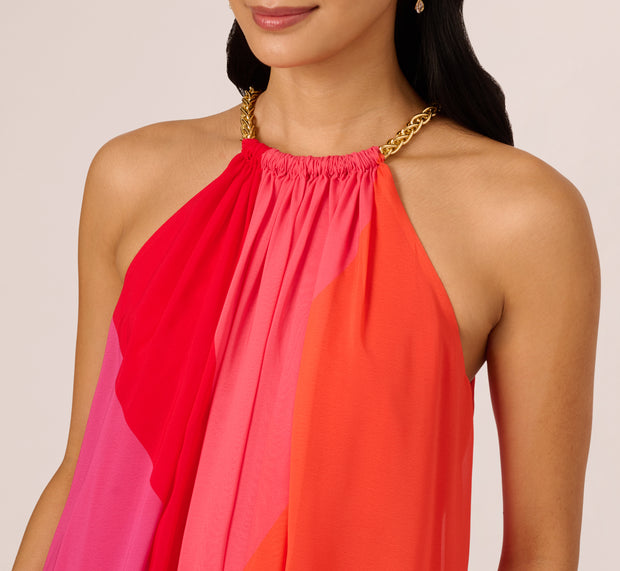 Aidan Mattox Color Block Chiffon Trapeze Dress With Chain Halter Neckline In Red Mu