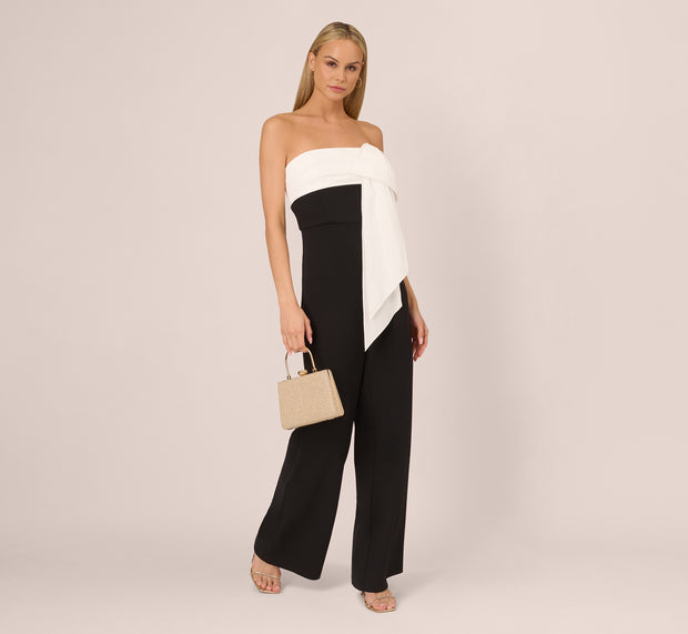 Aidan Mattox Colorblock Crepe Strapless Jumpsuit With Bow Accent In Black White