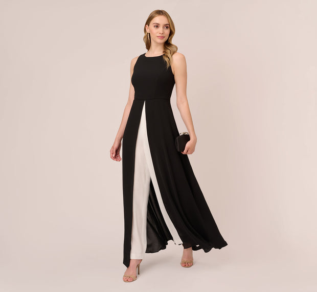 Aidan Mattox Colorblock Jumpsuit With Skirt Overlay In Black Ivory