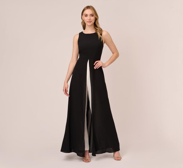 Aidan Mattox Colorblock Jumpsuit With Skirt Overlay In Black Ivory