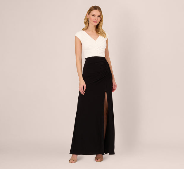 Aidan Mattox Colorblock Mermaid Gown With Pleated Details In Black Ivory