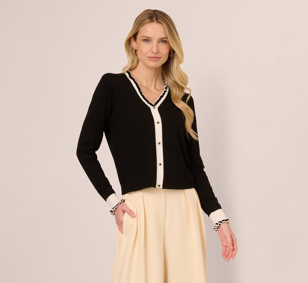 Aidan Mattox Contrast Ruffle Cardigan In Black Ivory