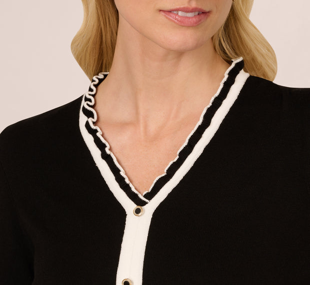 Aidan Mattox Contrast Ruffle Cardigan In Black Ivory