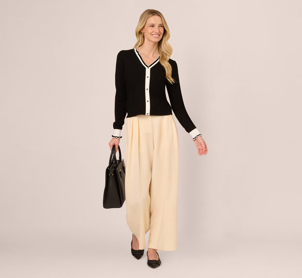 aidan mattox Contrast Ruffle Cardigan In Black Ivory