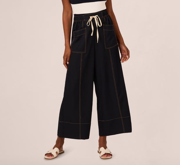 Aidan Mattox Contrast Stitched Wide Leg Drawstring Pant In Navy Khaki
