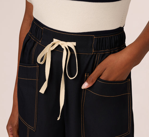 Aidan Mattox Contrast Stitched Wide Leg Drawstring Pant In Navy Khaki
