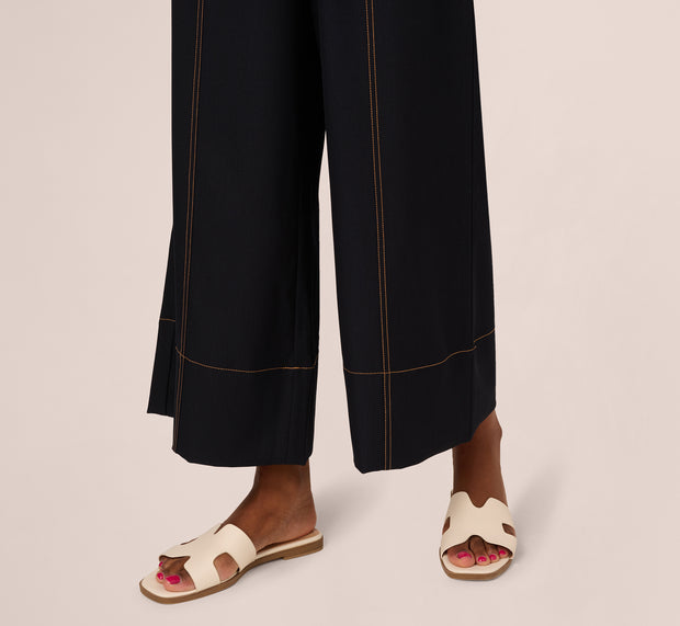 Aidan Mattox Contrast Stitched Wide Leg Drawstring Pant In Navy Khaki