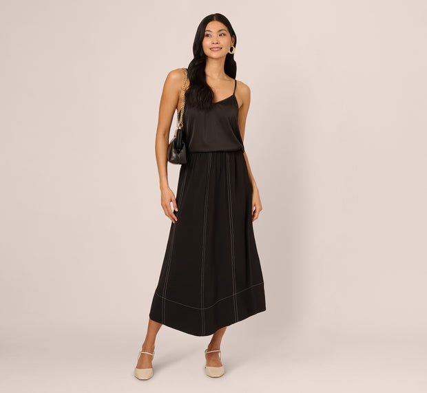 Aidan Mattox Contrast Stitching A Line Midi Skirt In Black Ivory