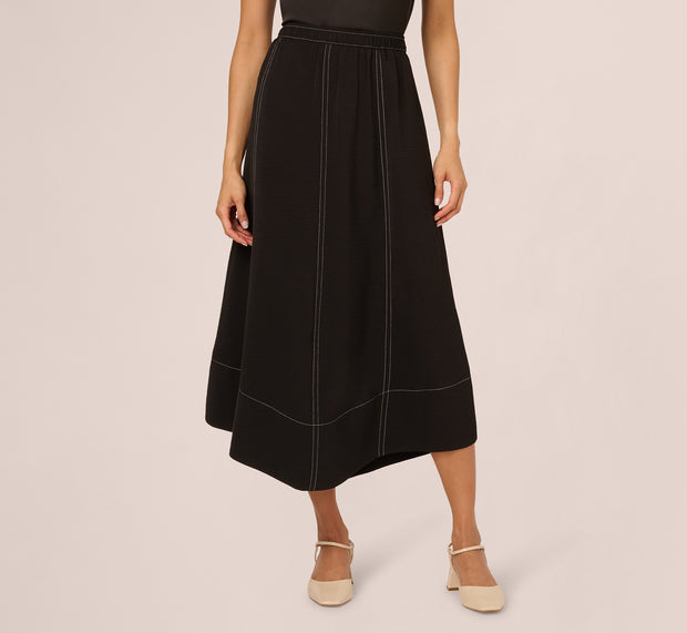 Aidan Mattox Contrast Stitching A Line Midi Skirt In Black Ivory