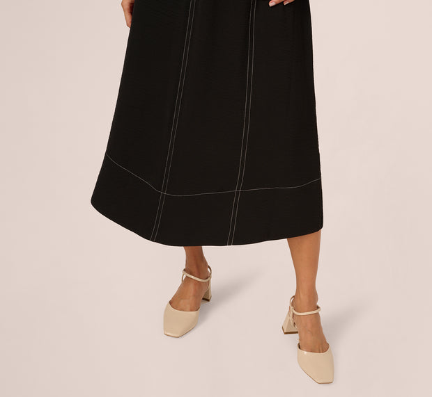 Aidan Mattox Contrast Stitching A Line Midi Skirt In Black Ivory