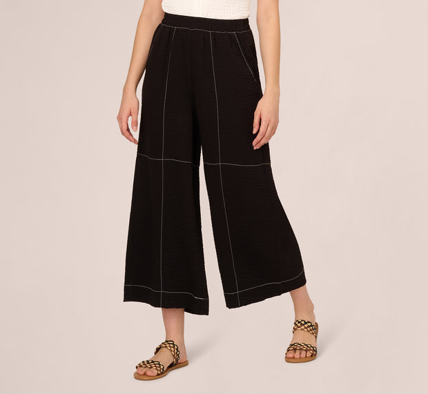 Aidan Mattox Contrast Stitching Crinkle Midi Pant In Black Ivory