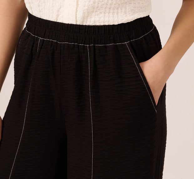 Aidan Mattox Contrast Stitching Crinkle Midi Pant In Black Ivory