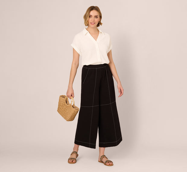 aidan mattox Contrast Stitching Crinkle Midi Pant In Black Ivory