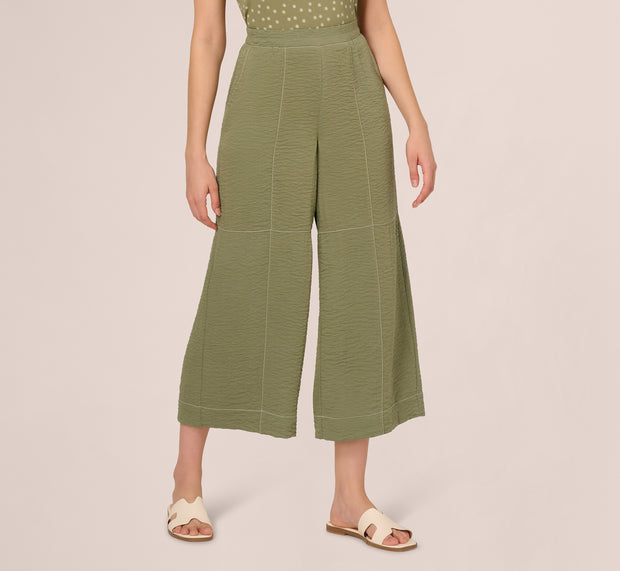 Aidan Mattox Contrast Stitching Crinkle Midi Pant In Oil Green Ivory