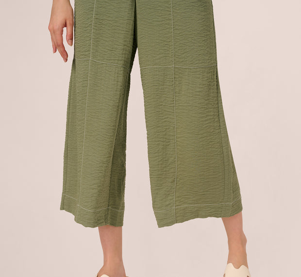 Aidan Mattox Contrast Stitching Crinkle Midi Pant In Oil Green Ivory