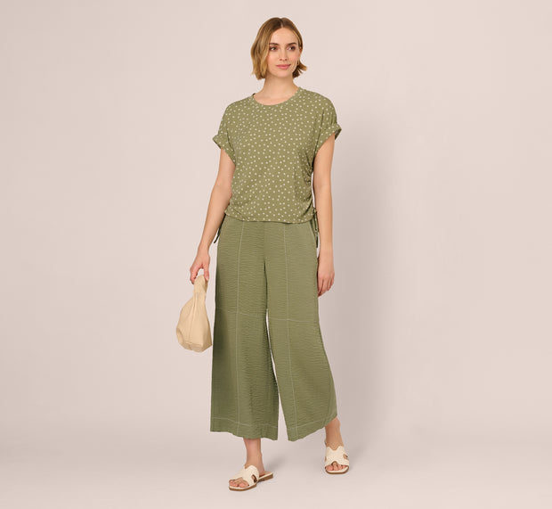 aidan mattox Contrast Stitching Crinkle Midi Pant In Oil Green Ivory