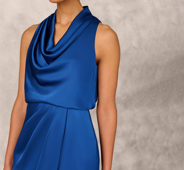 Aidan Mattox Cowl Neck Cocktail Dress With Front Draped Skirt In Deep Ocean