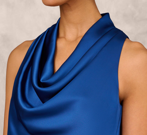 Aidan Mattox Cowl Neck Cocktail Dress With Front Draped Skirt In Deep Ocean