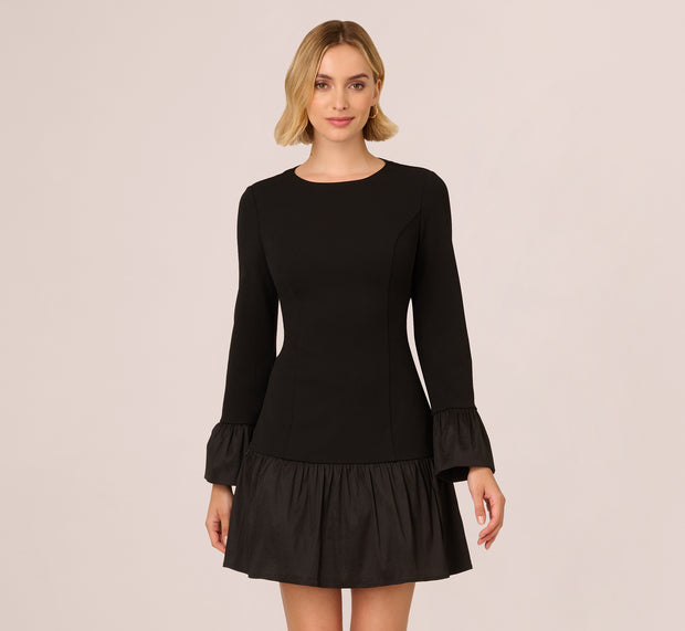 Aidan Mattox Crepe And Taffeta Drop Waist Short Dress In Black