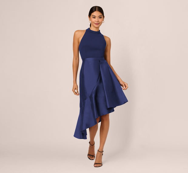 Aidan Mattox Crepe Combo Taffeta Dress In Light Navy