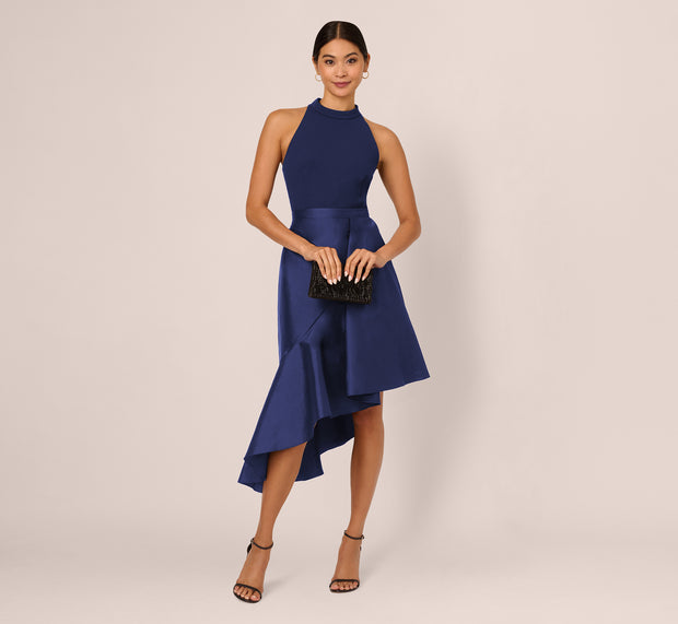 aidan mattox Crepe Combo Taffeta Dress In Light Navy