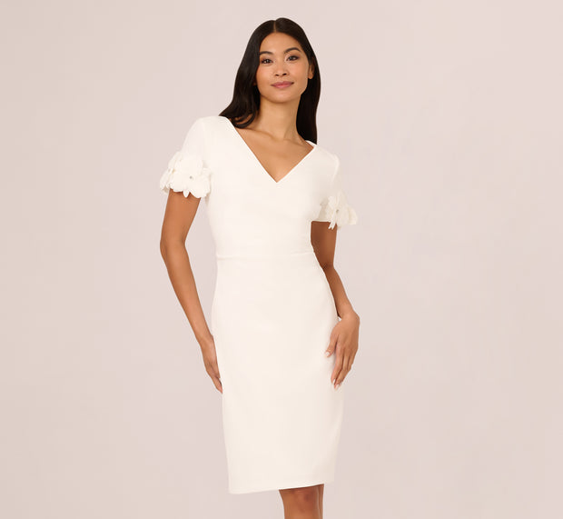 Aidan Mattox Crepe Faux Wrap Sheath Dress With Floral Accent Short Sleeves In Ivory
