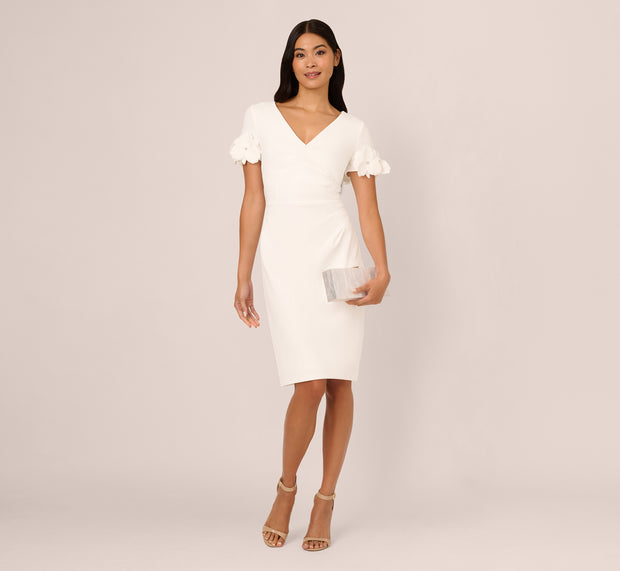 aidan mattox Crepe Faux Wrap Sheath Dress With Floral Accent Short Sleeves In Ivory