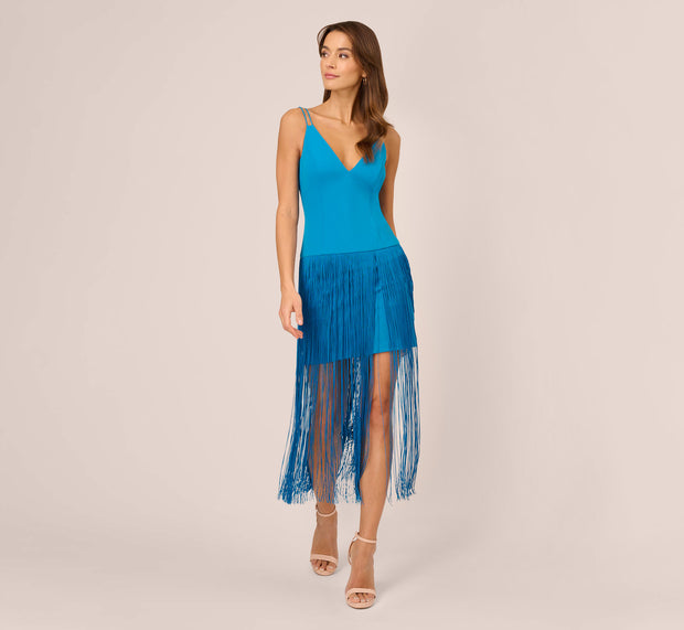 Aidan Mattox Crepe Fringe Dress With Double Spaghetti Straps And V Back In Deep Cer