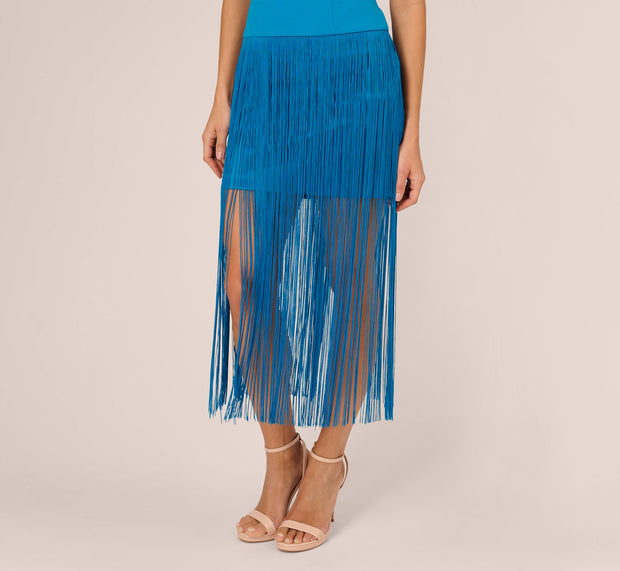 Aidan Mattox Crepe Fringe Dress With Double Spaghetti Straps And V Back In Deep Cer