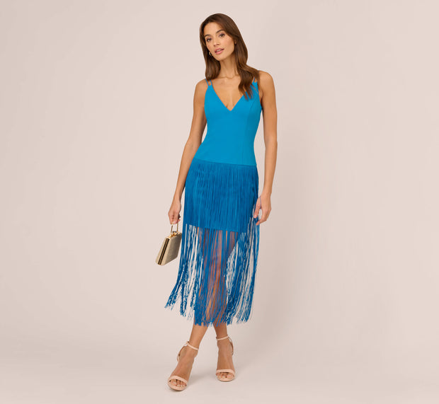 aidan mattox Crepe Fringe Dress With Double Spaghetti Straps And V Back In Deep Cer