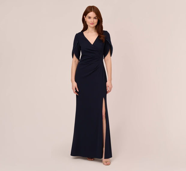 Aidan Mattox Crepe Mermaid Gown With Pearl Trim Short Sleeves In Midnight