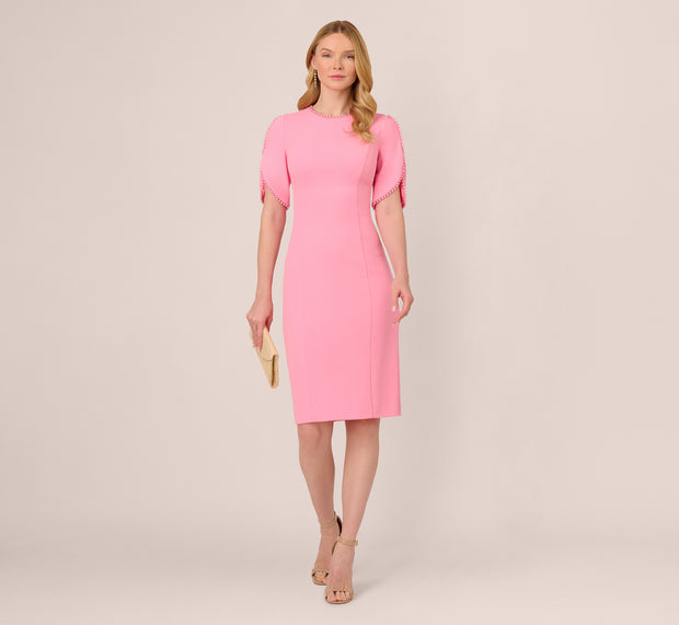 Aidan Mattox Crepe Midi Length Sheath Dress With Pearl Trimmed Sleeves In Cherry Bl