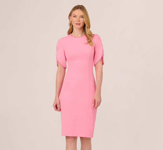 aidan mattox Crepe Midi Length Sheath Dress With Pearl Trimmed Sleeves In Cherry Bl