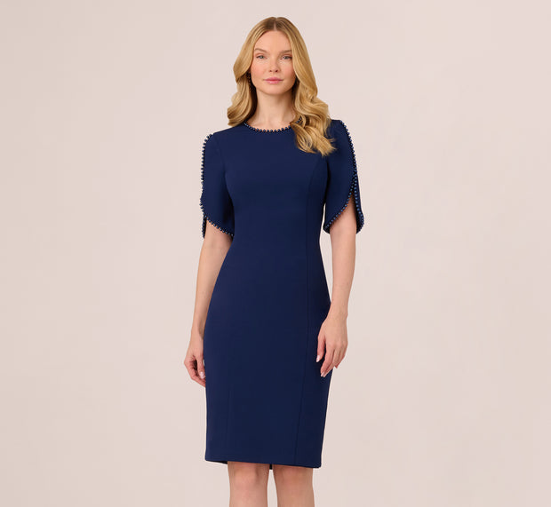 aidan mattox Crepe Midi Length Sheath Dress With Pearl Trimmed Sleeves In Navy Sate
