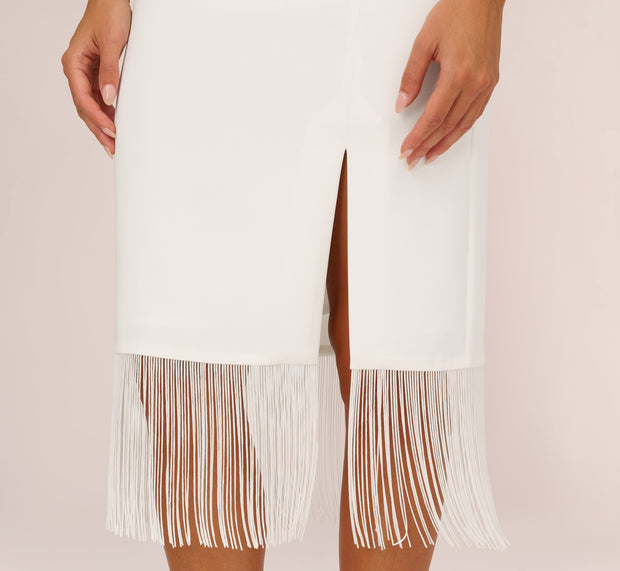 Aidan Mattox Crepe Popover Midi Dress With Fringe Trim In Ivory