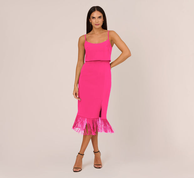 Aidan Mattox Crepe Popover Midi Dress With Fringe Trim In Lipstick
