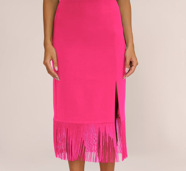 Aidan Mattox Crepe Popover Midi Dress With Fringe Trim In Lipstick