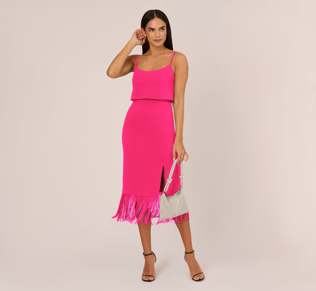 aidan mattox Crepe Popover Midi Dress With Fringe Trim In Lipstick