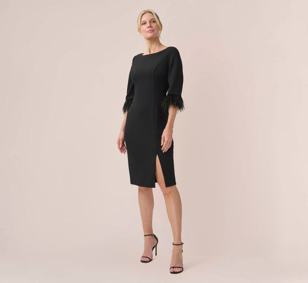 aidan mattox Crepe Sheath Dress With V-Back And Feather-Trim Sleeves In Black