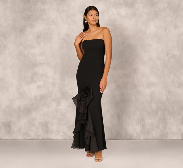 Aidan Mattox Crepe Strapless Mermaid Gown With Organza Ruffle Skirt In Black
