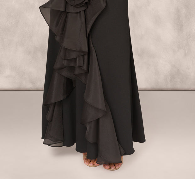 Aidan Mattox Crepe Strapless Mermaid Gown With Organza Ruffle Skirt In Black